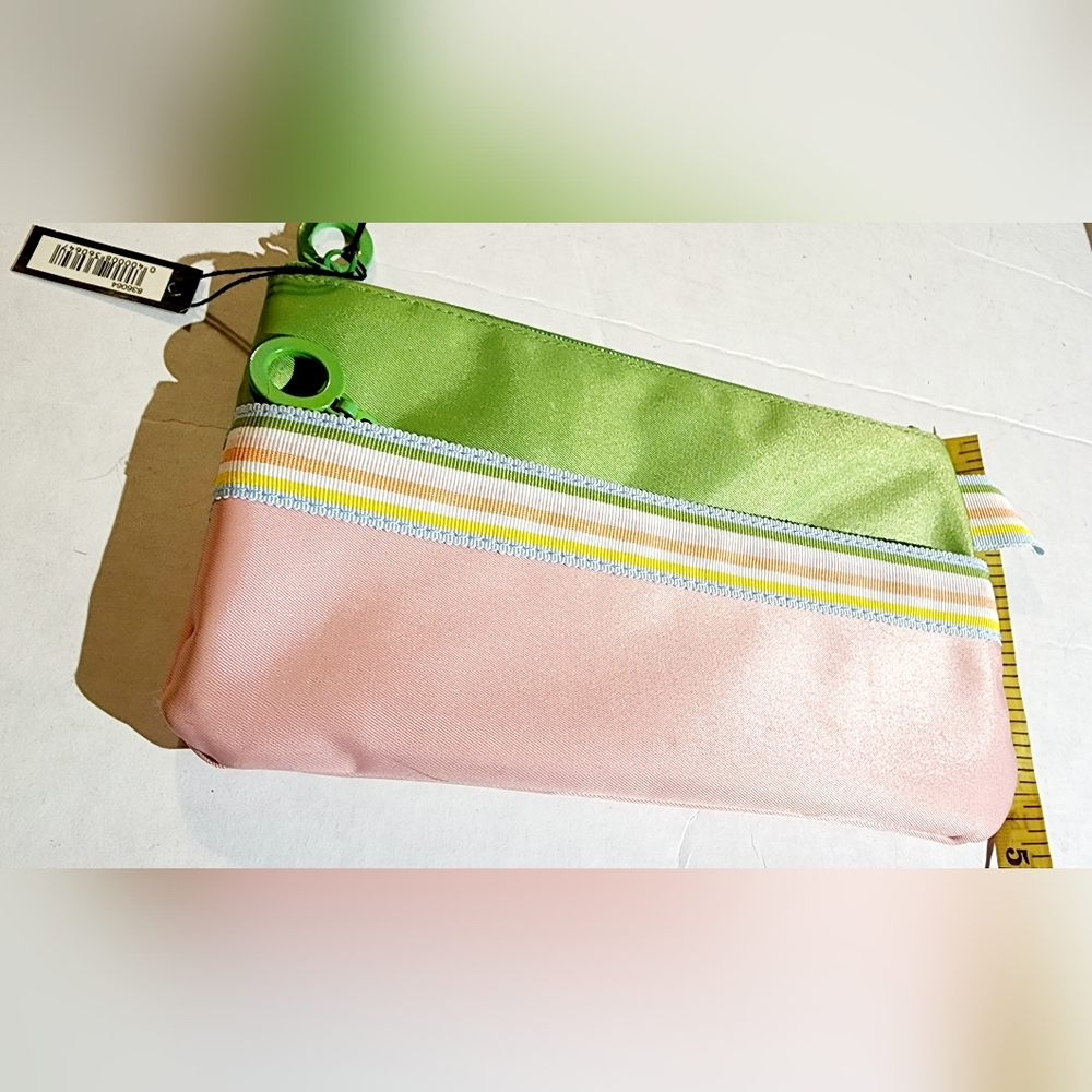 Sephora Ivy green pink stripes divider pocket front pocket signed hardware pouch - Picture 2 of 8